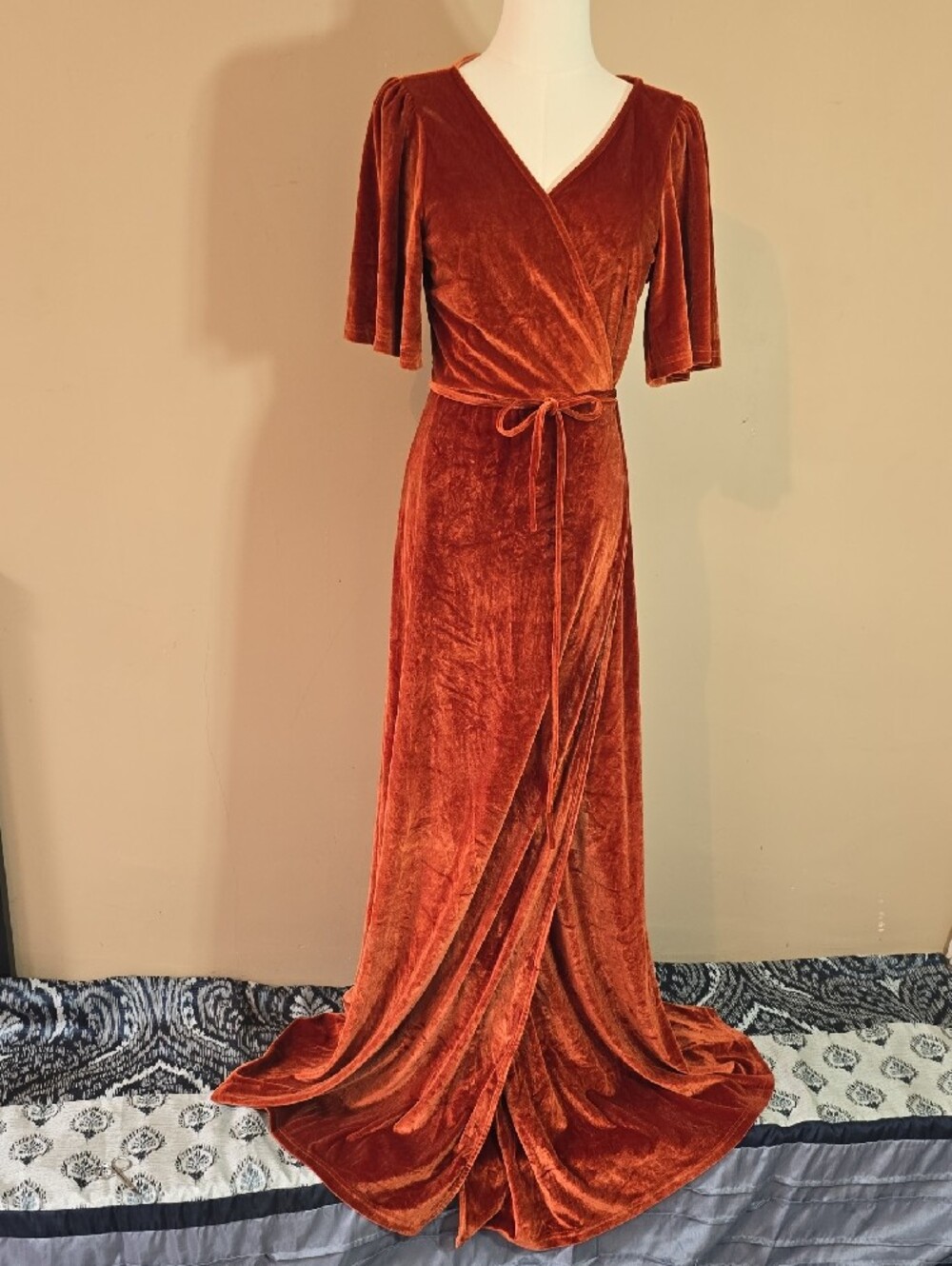 Baltic Born Burnt Orange Velvet Wrap Maxi Dress
